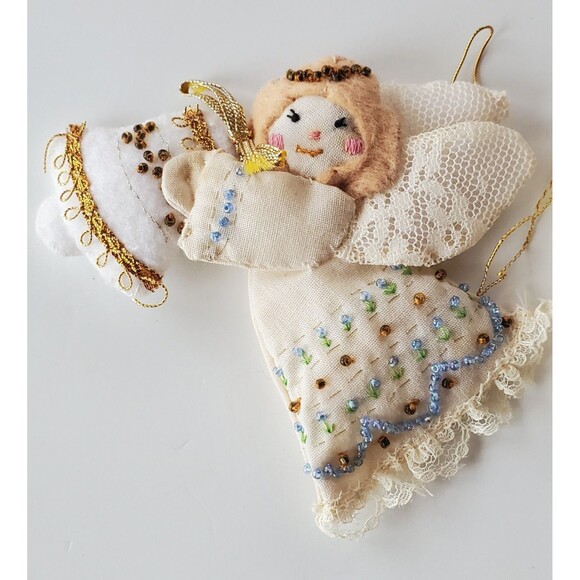 Vintage Handmade Angel Christmas Ornaments Set Beaded Lace Embroidered Folk Art - Picture 2 of 10